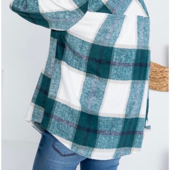 NEW 1X FLANNEL SHACKET JACKET Button Woven Twill Green White Purple Plaid NWT - Picture 4 of 5
